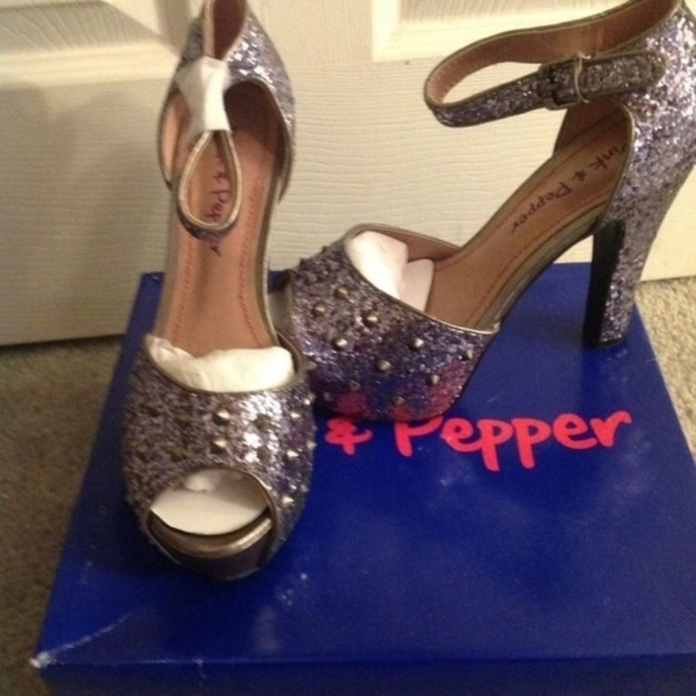 Pink & Pepper Pewter Glitter Open Toe Heel Shoes